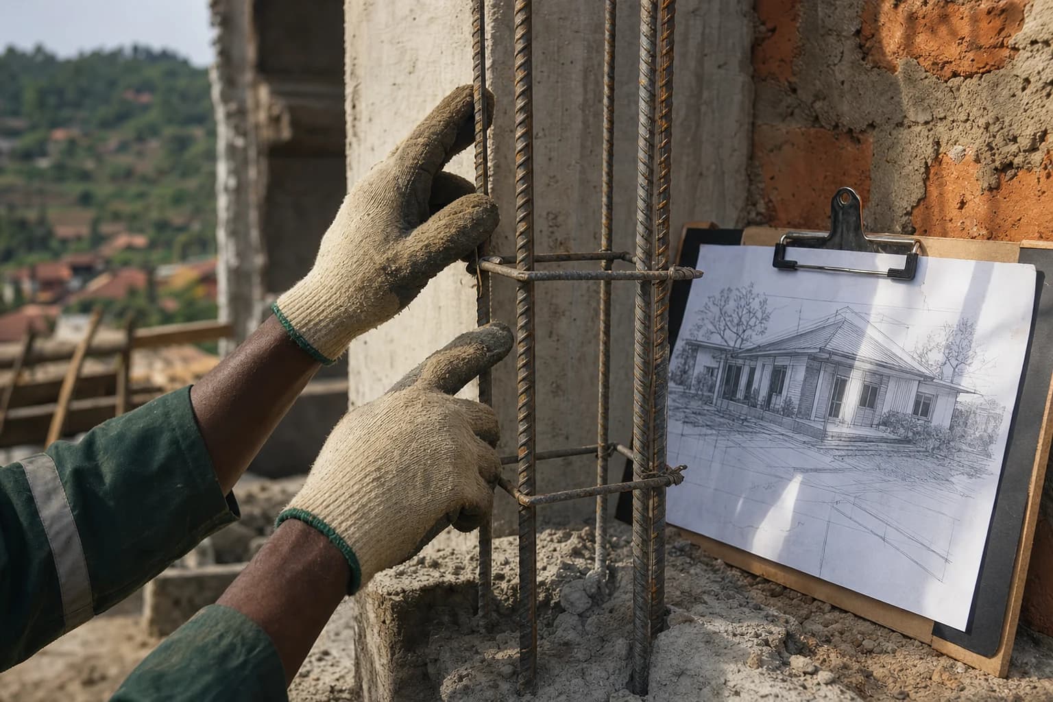 Hands checking reinforced concrete and steel rebar on a residential build