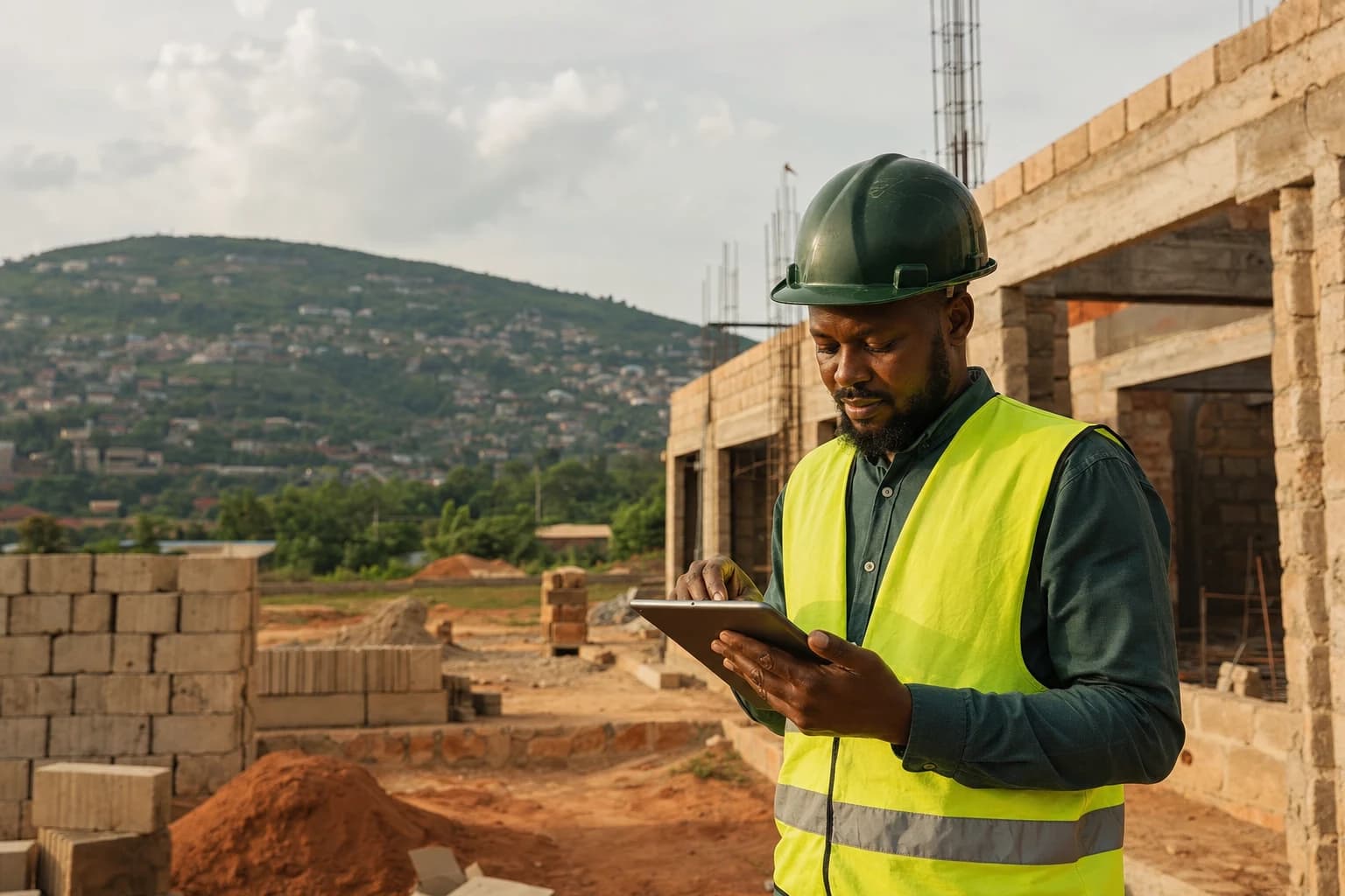 Rwandan contractor reviewing a project on a tablet at a residential build