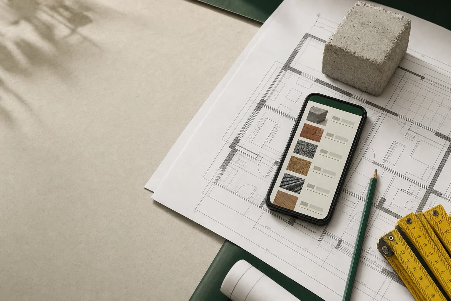 Architectural plans and a phone beside a construction estimate
